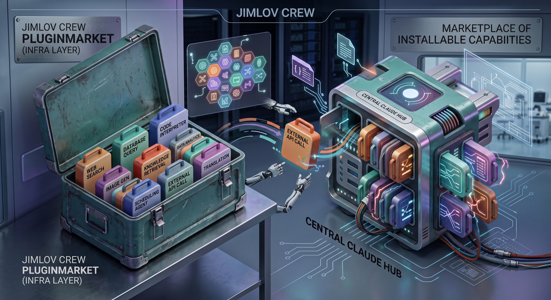 Illustration of JimLov Crew, a toolbox of shared plugins connected to a central hub.