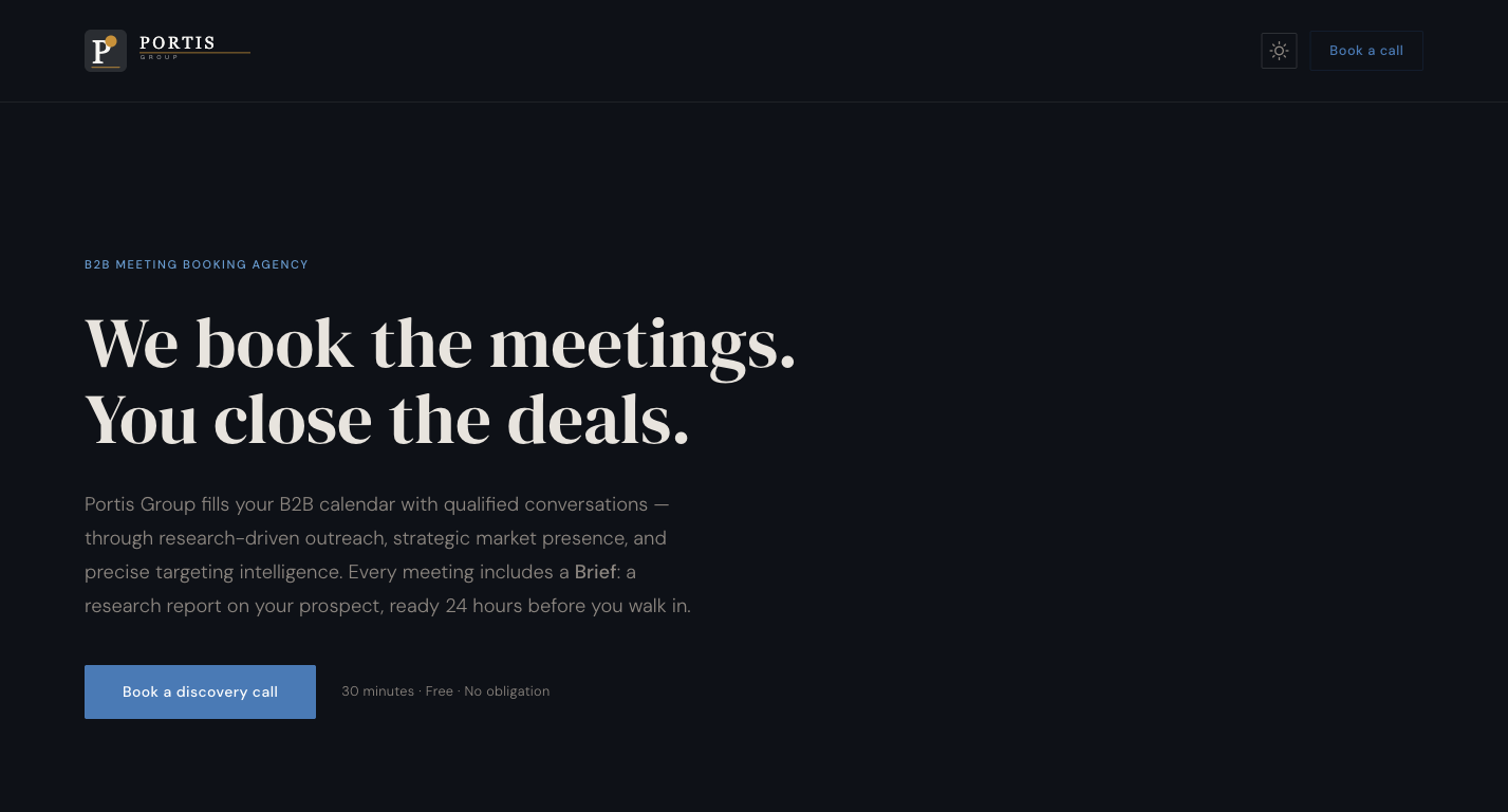 Portis Group's landing page in dark mode — "We book the meetings. You close the deals."