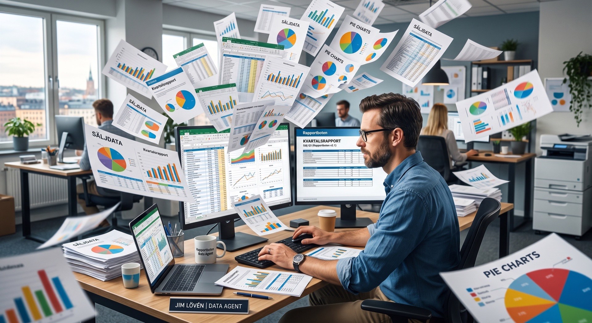 Illustration of Rapport Boten turning sales data into finished reports.
