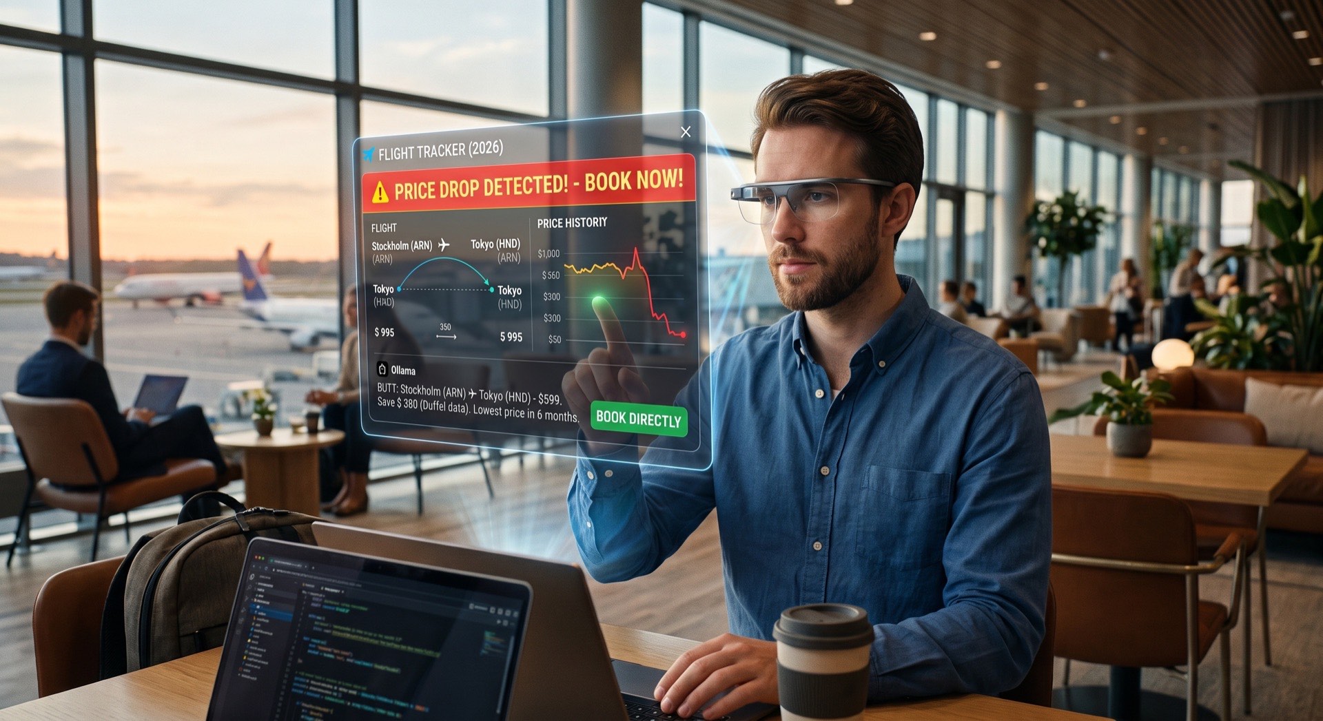 Illustration of the flight watcher, a price-drop alert for flights.